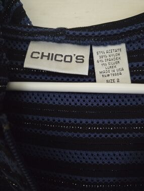 Chico's Navy Top with Silver Metallic Stripes